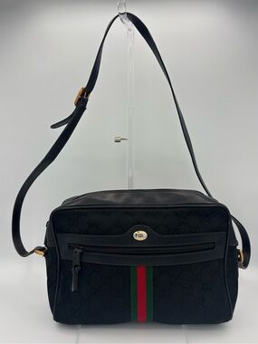 Vintage Gucci Sherry Shoulder Bag -  Black Canvas and Leather